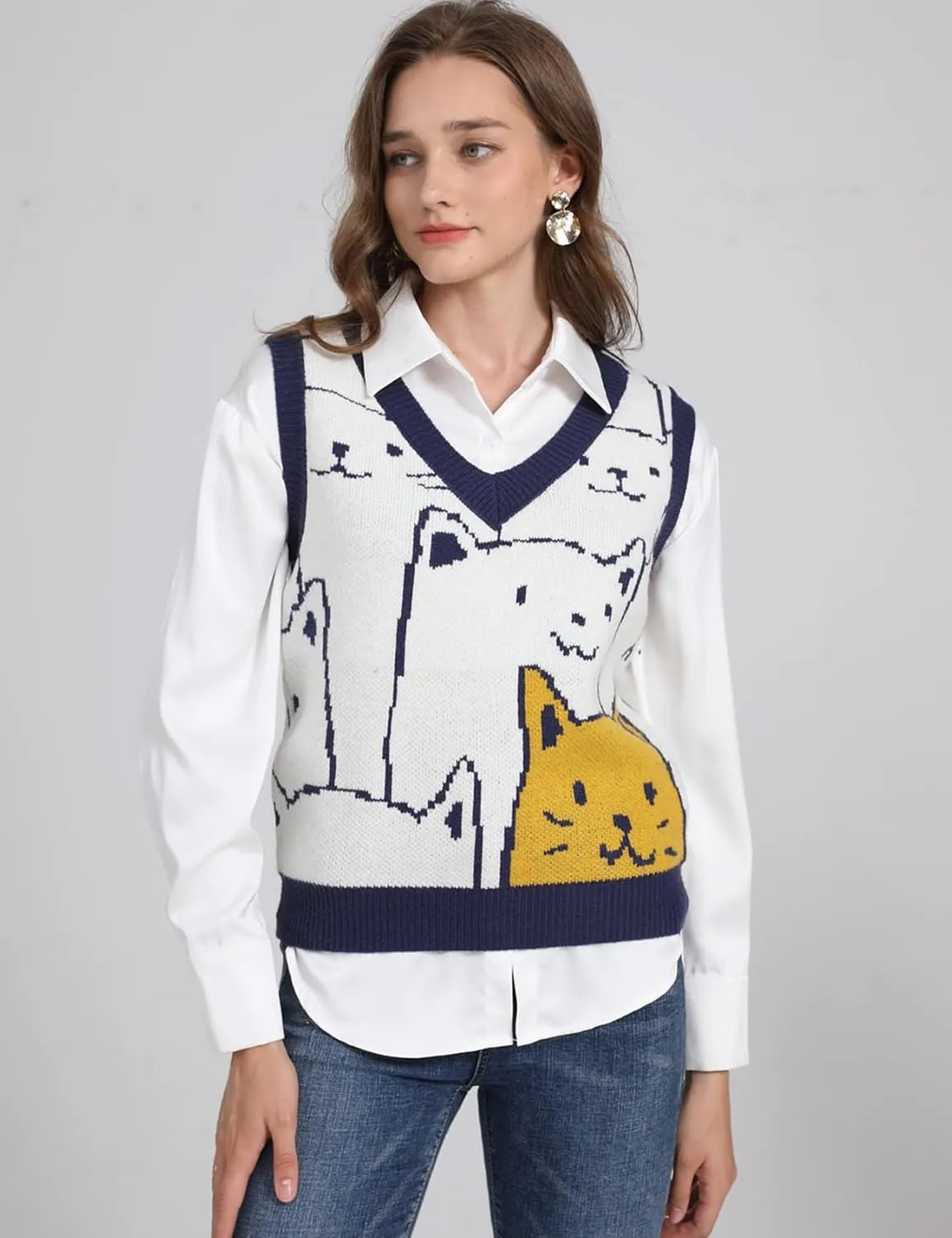 Gihuo Womens Cat Sweater Vest V Neck Y2k Graphic Knitted Vests Pullover Sleeveless Knitwear Cute Tunic Knit Top