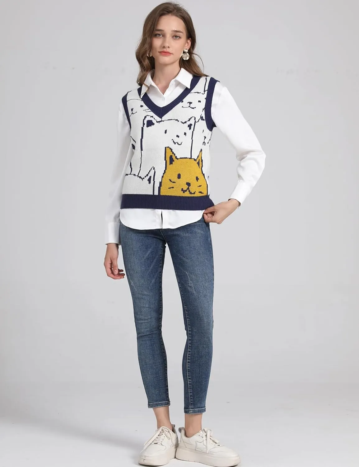 Gihuo Womens Cat Sweater Vest V Neck Y2k Graphic Knitted Vests Pullover Sleeveless Knitwear Cute Tunic Knit Top