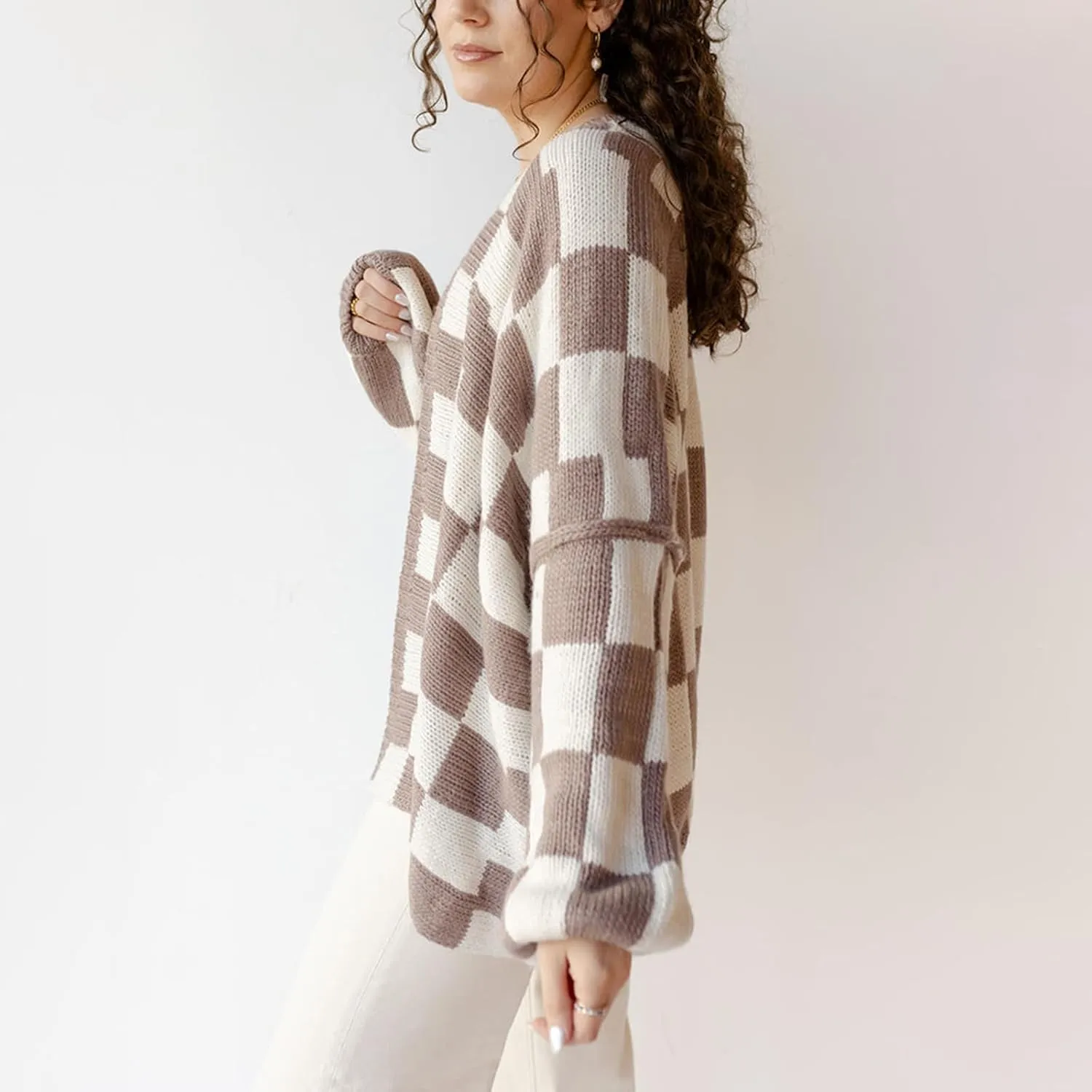 Giraropa Women Checkered Cardigan 2024 Long Sleeve Open Front Loose Knit Sweater Oversized Lightweight Cardigans Outwear