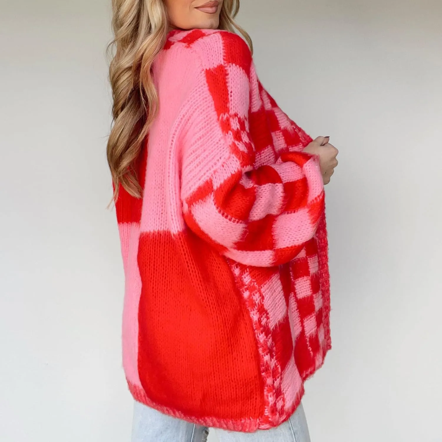 Giraropa Women Checkered Cardigan 2024 Long Sleeve Open Front Loose Knit Sweater Oversized Lightweight Cardigans Outwear