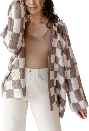 Giraropa Women Checkered Cardigan 2024 Long Sleeve Open Front Loose Knit Sweater Oversized Lightweight Cardigans Outwear