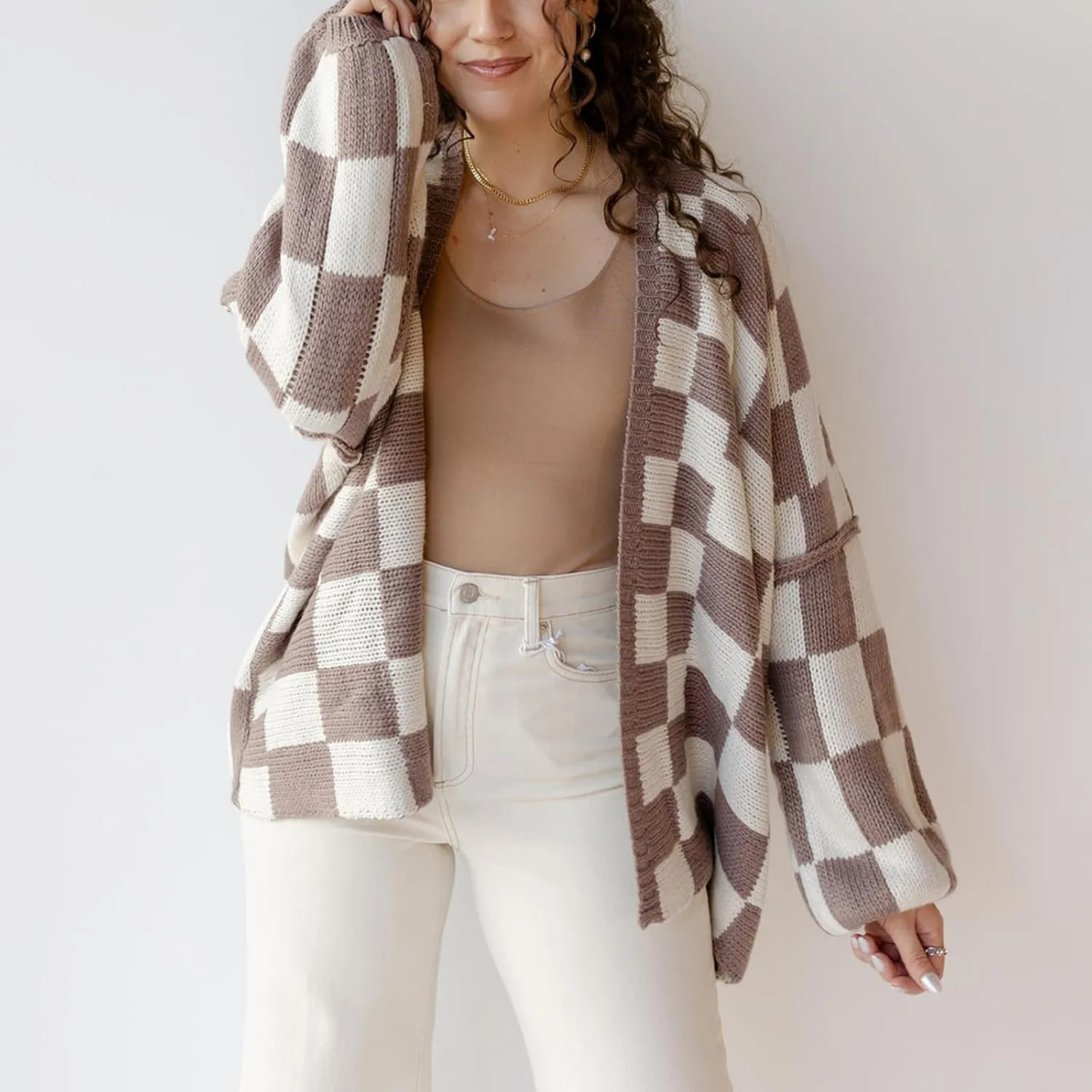 Giraropa Women Checkered Cardigan 2024 Long Sleeve Open Front Loose Knit Sweater Oversized Lightweight Cardigans Outwear