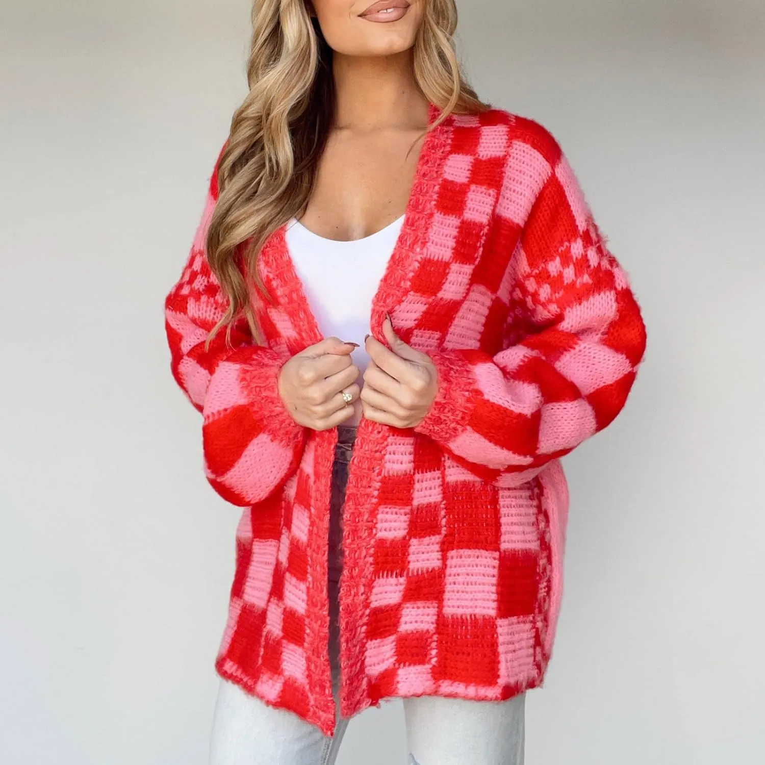 Giraropa Women Checkered Cardigan 2024 Long Sleeve Open Front Loose Knit Sweater Oversized Lightweight Cardigans Outwear