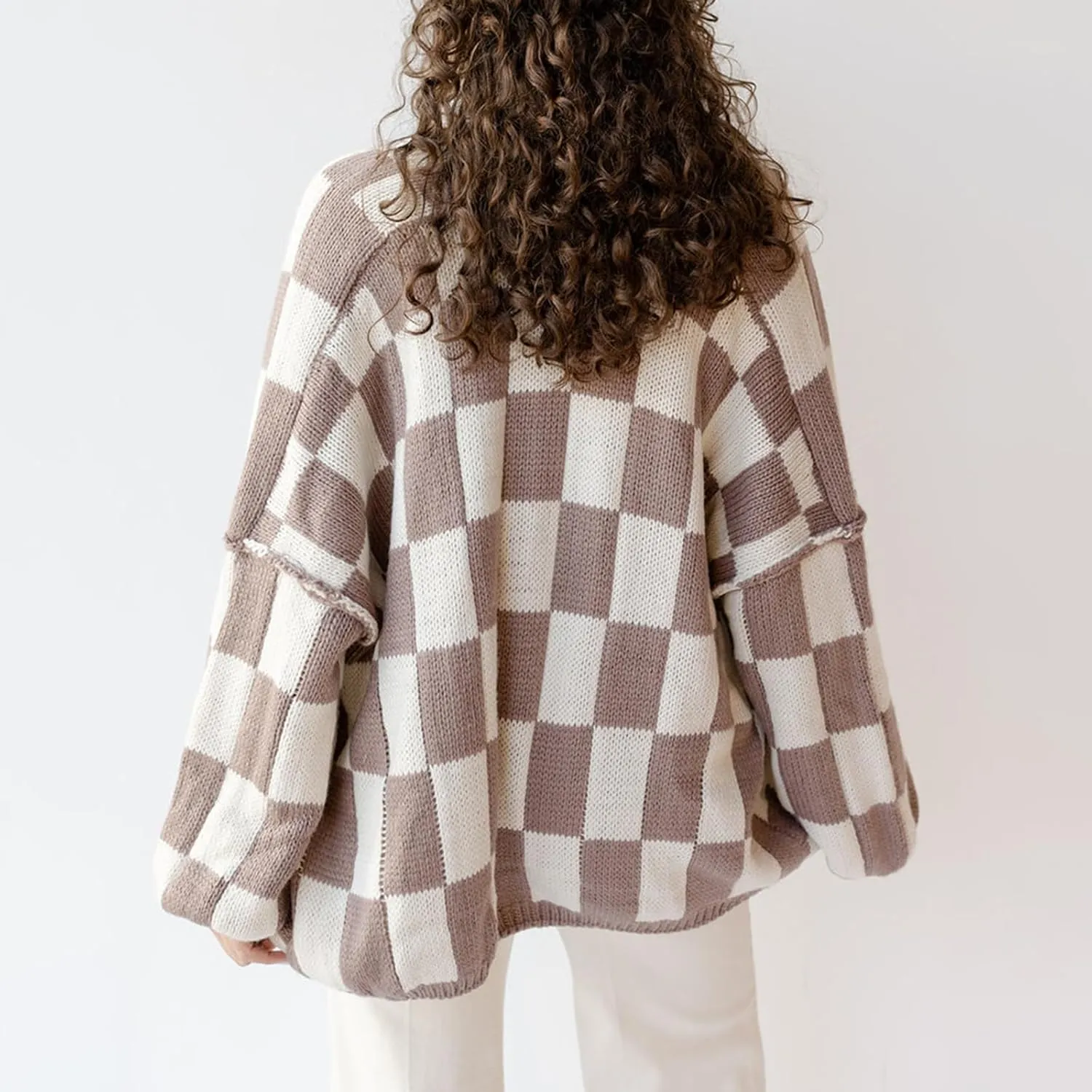 Giraropa Women Checkered Cardigan 2024 Long Sleeve Open Front Loose Knit Sweater Oversized Lightweight Cardigans Outwear