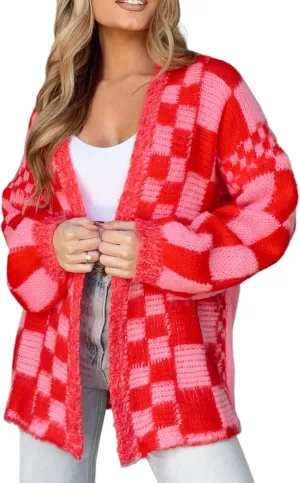 Giraropa Women Checkered Cardigan 2024 Long Sleeve Open Front Loose Knit Sweater Oversized Lightweight Cardigans Outwear