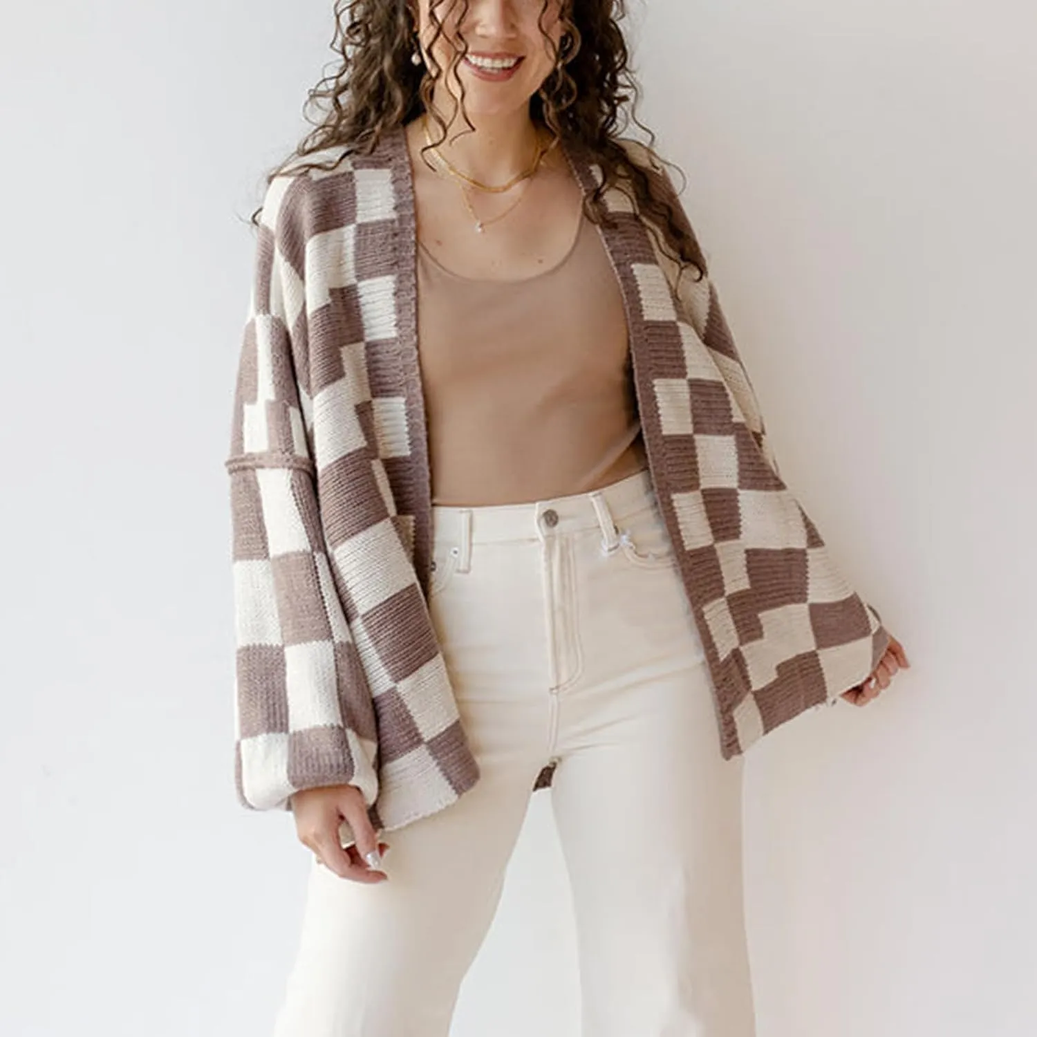 Giraropa Women Checkered Cardigan 2024 Long Sleeve Open Front Loose Knit Sweater Oversized Lightweight Cardigans Outwear