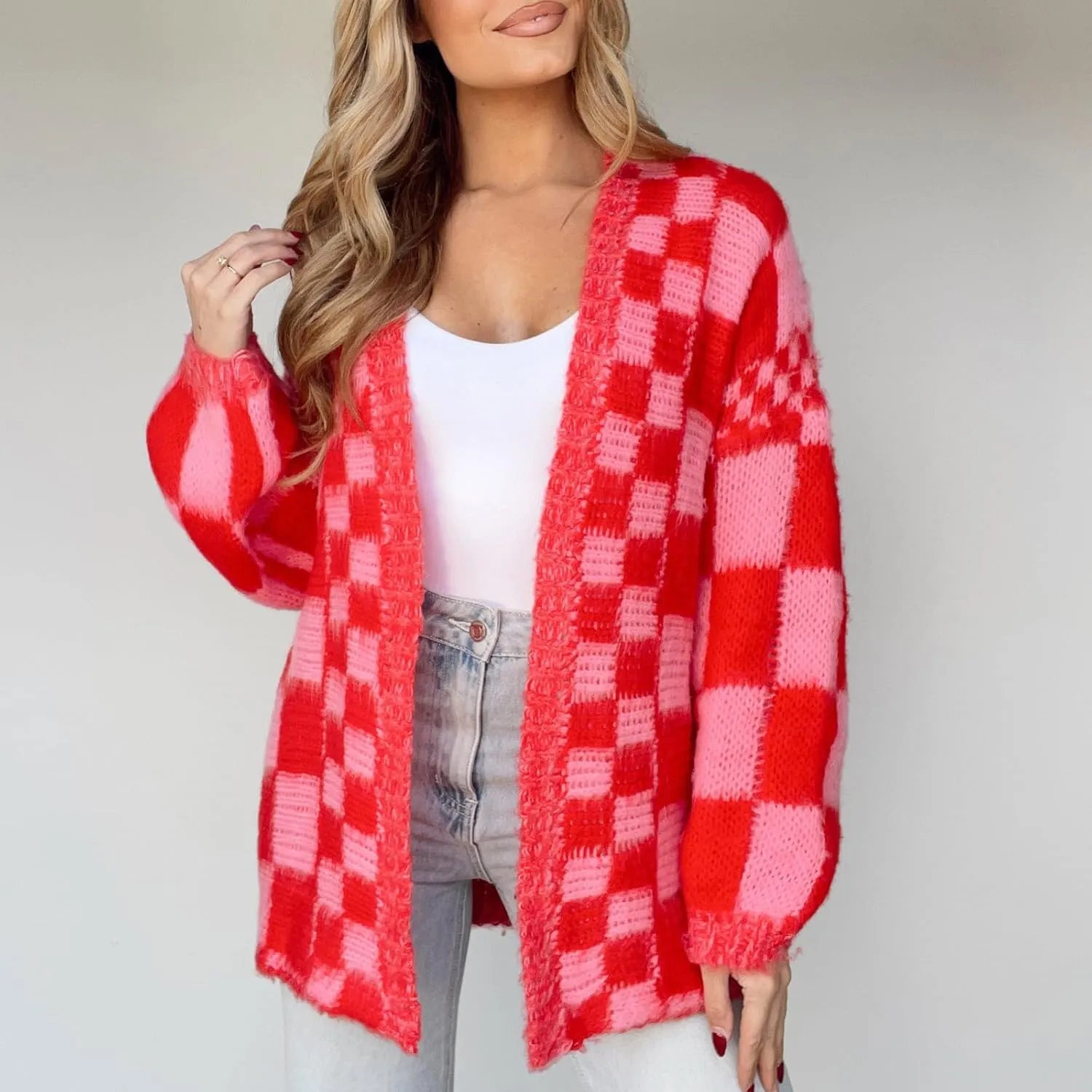 Giraropa Women Checkered Cardigan 2024 Long Sleeve Open Front Loose Knit Sweater Oversized Lightweight Cardigans Outwear