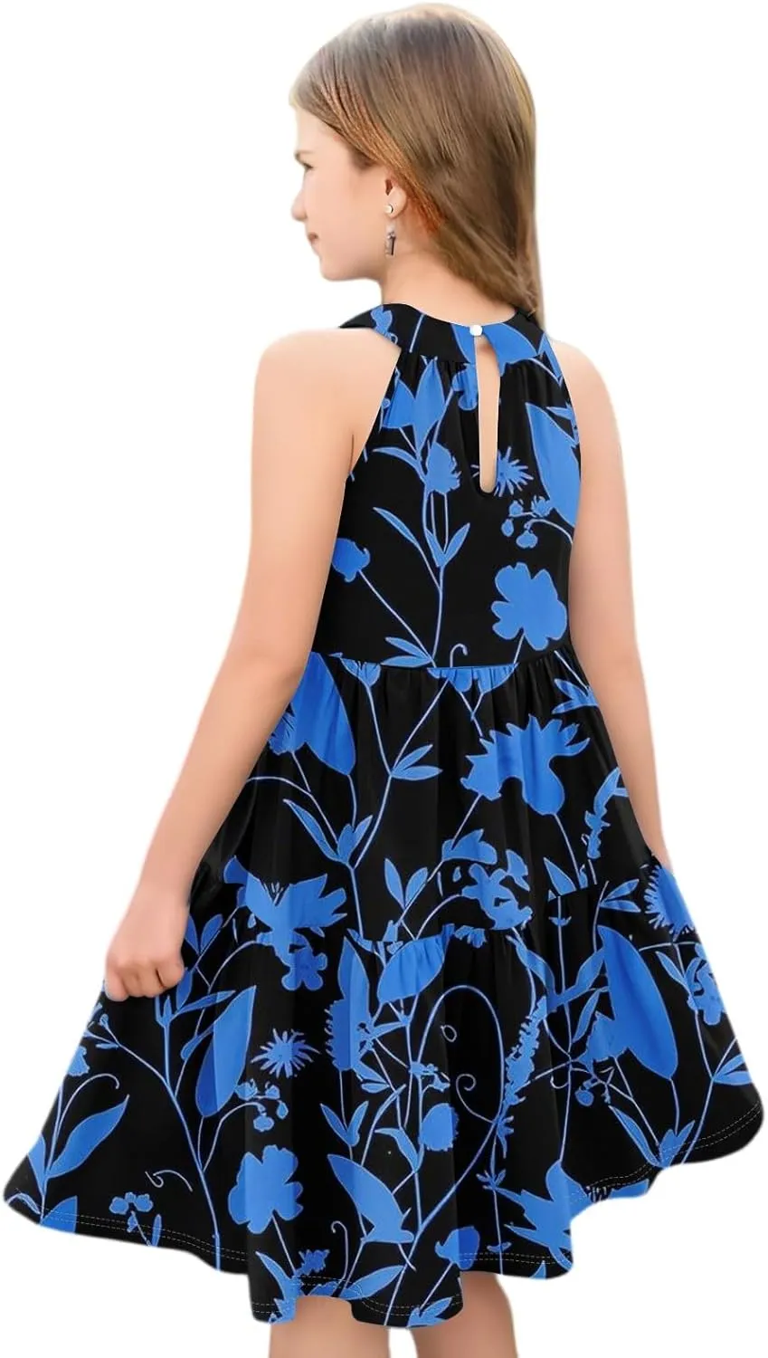 Girls Dresses Halter Neck Vintage Floral Sleeveless Girl Dress Casual Swing Smocked A Line Sundress Summer Dresses