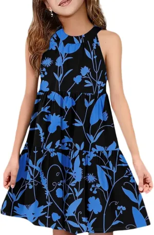 Girls Dresses Halter Neck Vintage Floral Sleeveless Girl Dress Casual Swing Smocked A Line Sundress Summer Dresses