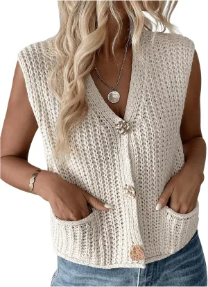 GORGLITTER Women's Crochet Vest Button Down Sleeveless Boho Knit Crop Tank Tops Summer Cardigan