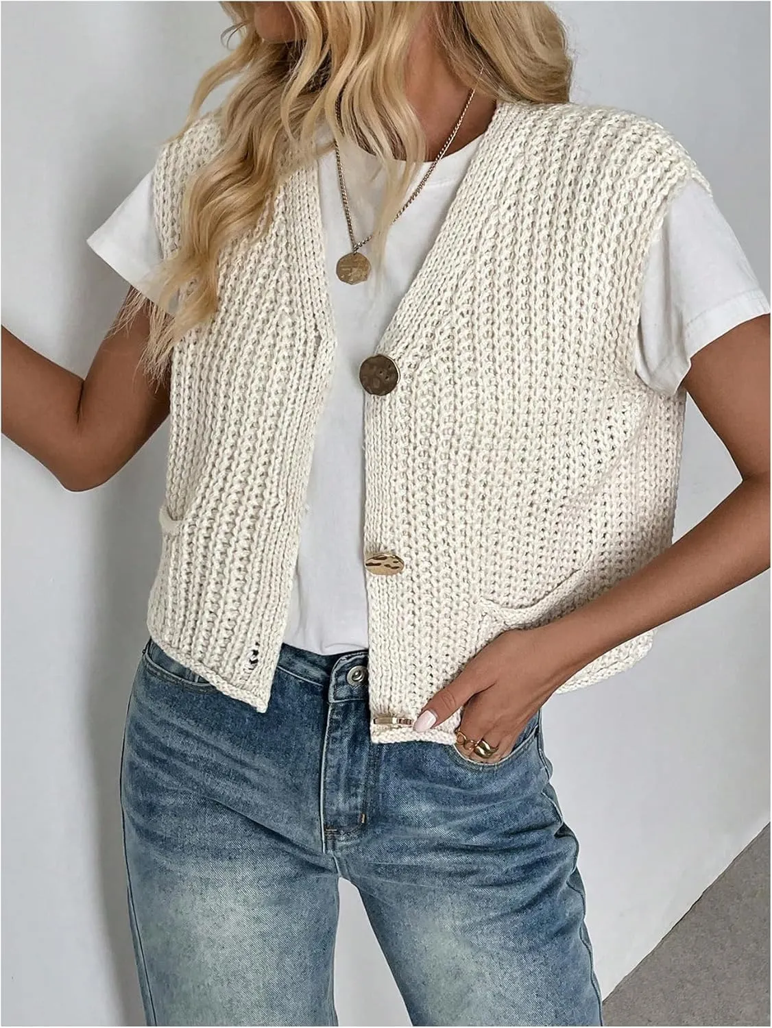 GORGLITTER Women's Crochet Vest Button Down Sleeveless Boho Knit Crop Tank Tops Summer Cardigan