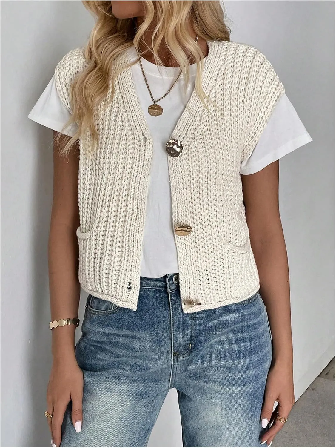 GORGLITTER Women's Crochet Vest Button Down Sleeveless Boho Knit Crop Tank Tops Summer Cardigan