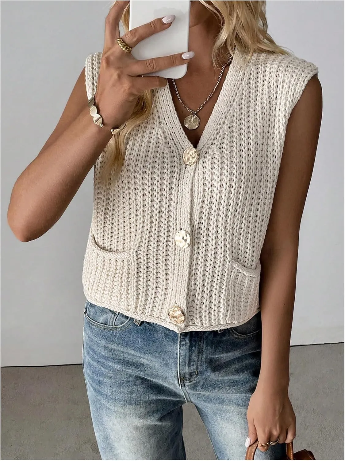 GORGLITTER Women's Crochet Vest Button Down Sleeveless Boho Knit Crop Tank Tops Summer Cardigan