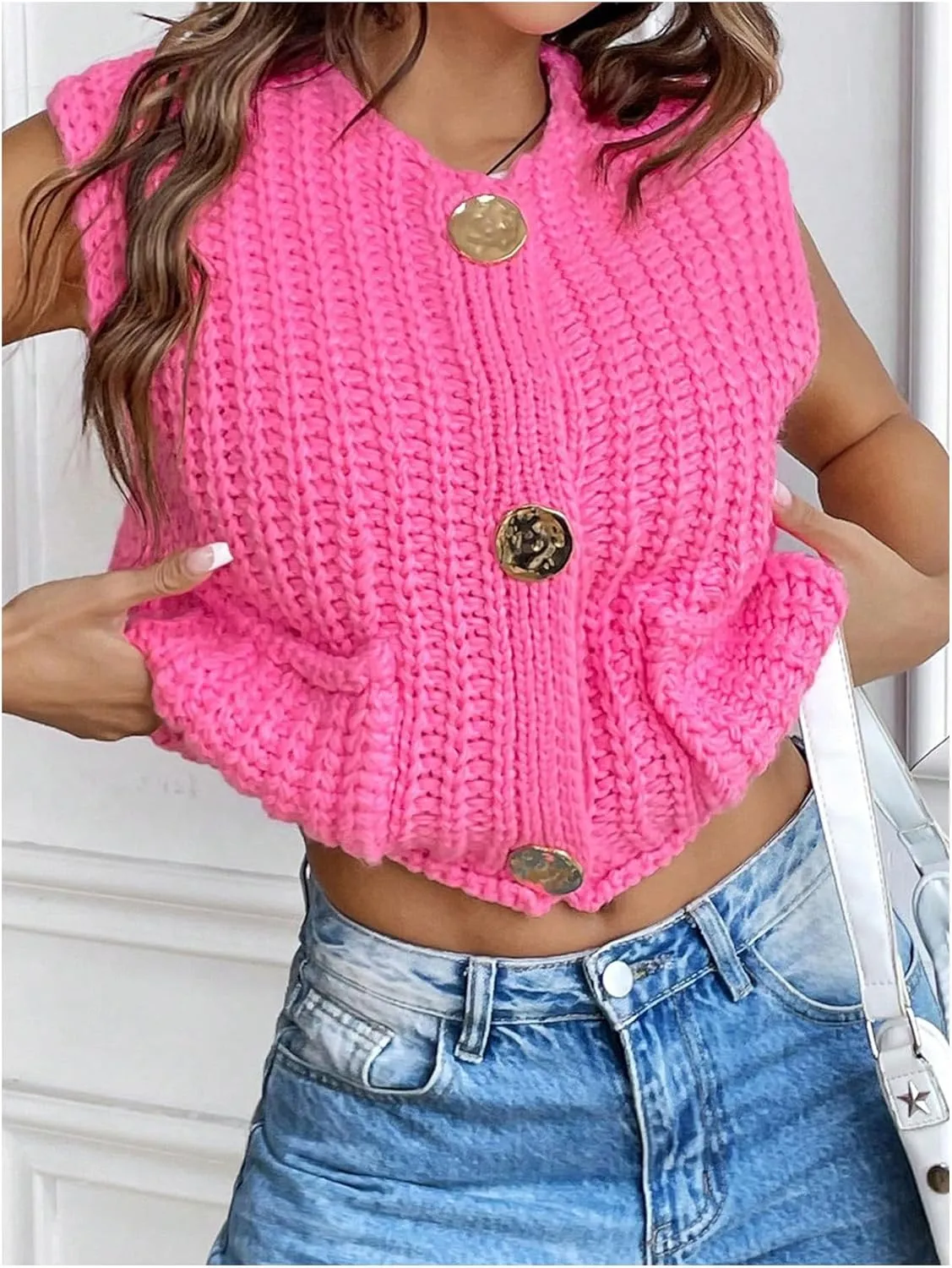 GORGLITTER Women's Sweater Vest Button Down Crochet Knit Cropped Vest Tops with Pockets