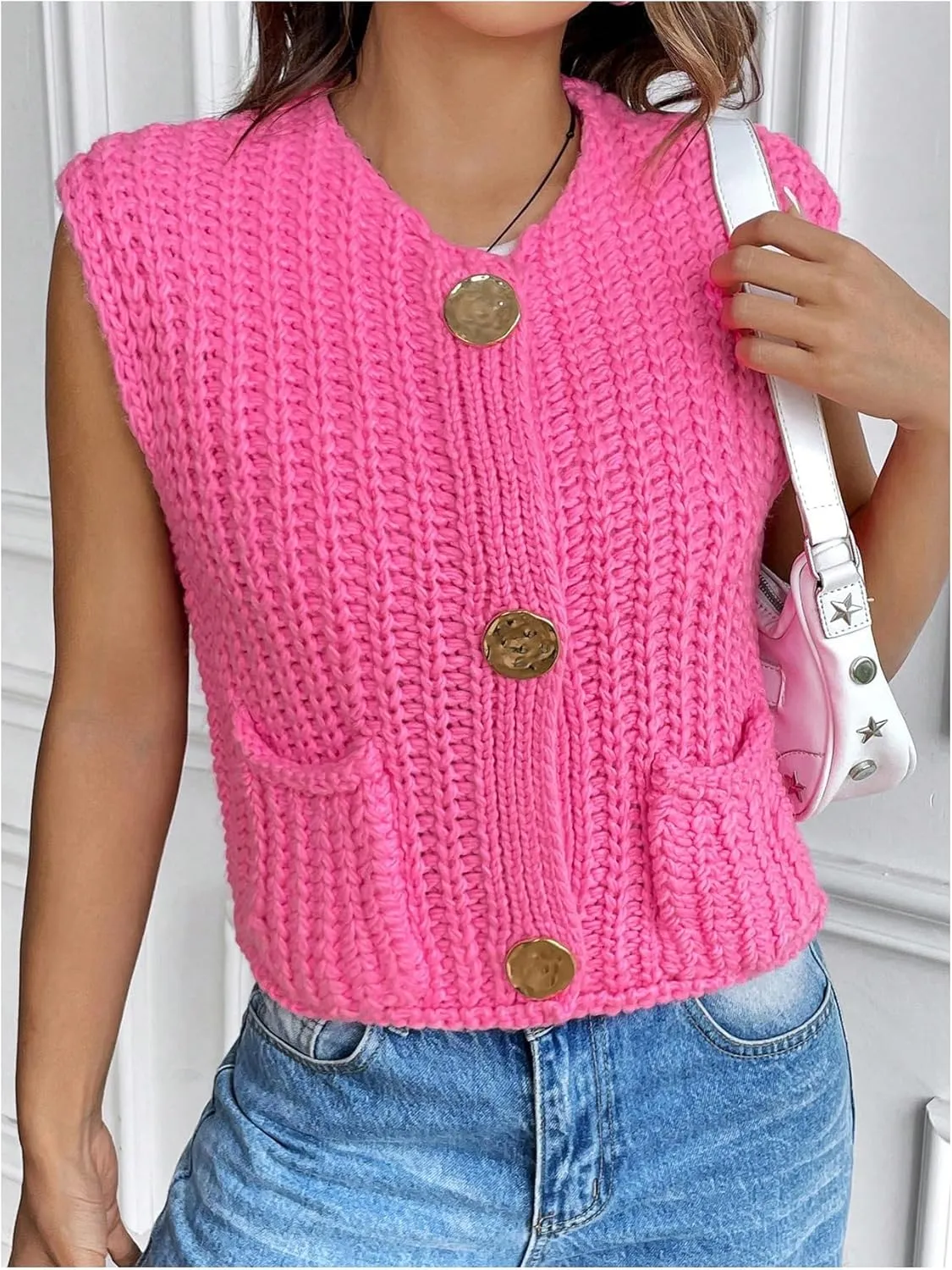 GORGLITTER Women's Sweater Vest Button Down Crochet Knit Cropped Vest Tops with Pockets