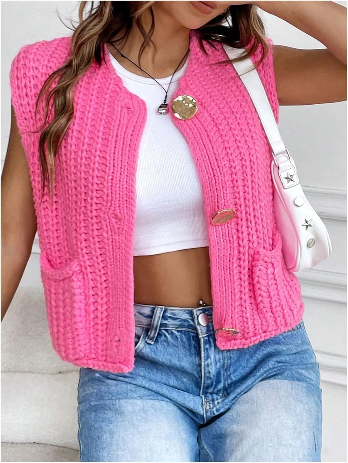 GORGLITTER Women's Sweater Vest Button Down Crochet Knit Cropped Vest Tops with Pockets
