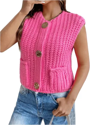 GORGLITTER Women's Sweater Vest Button Down Crochet Knit Cropped Vest Tops with Pockets