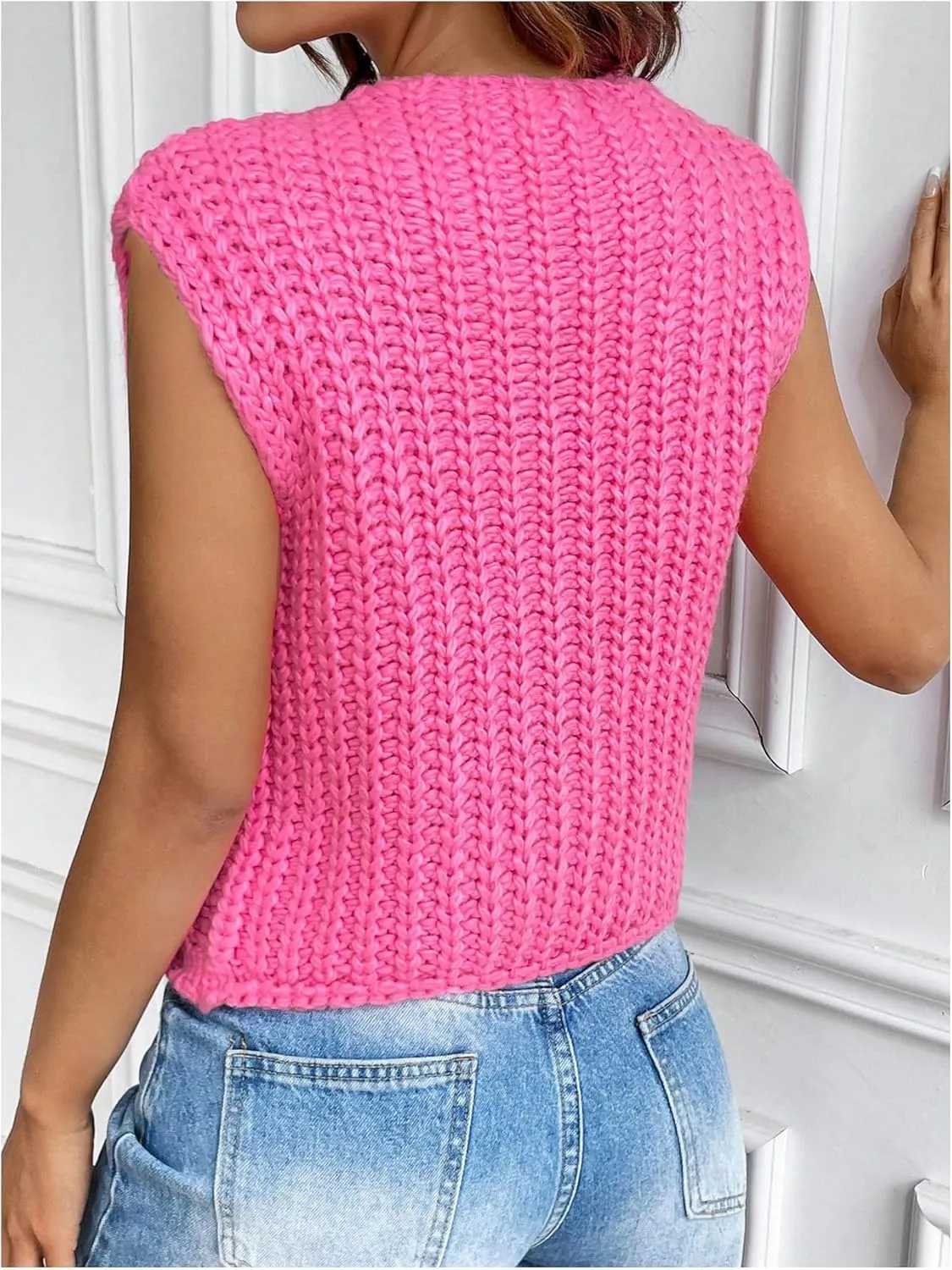 GORGLITTER Women's Sweater Vest Button Down Crochet Knit Cropped Vest Tops with Pockets