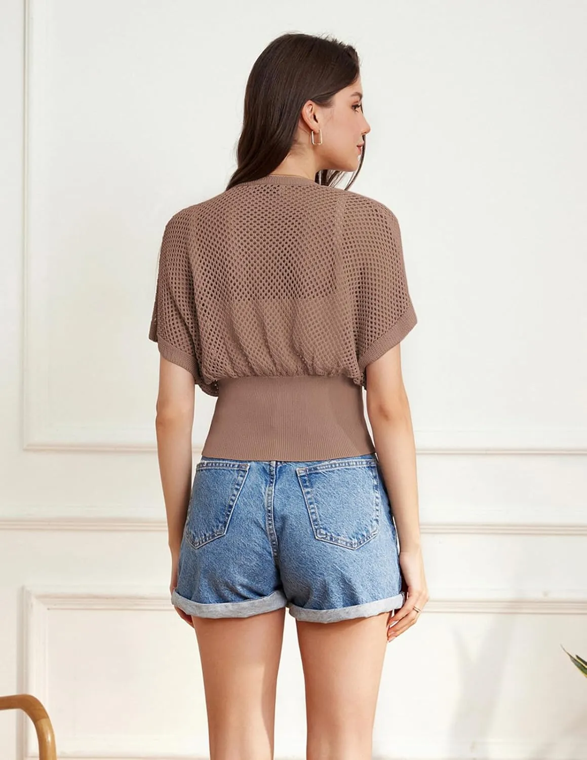 GRACE KARIN 2025 Women Short Sleeve Crochet Cardigan Summer Draped V-Neck Bolero Shrug Sweater Hollow Out Beach Cover Up