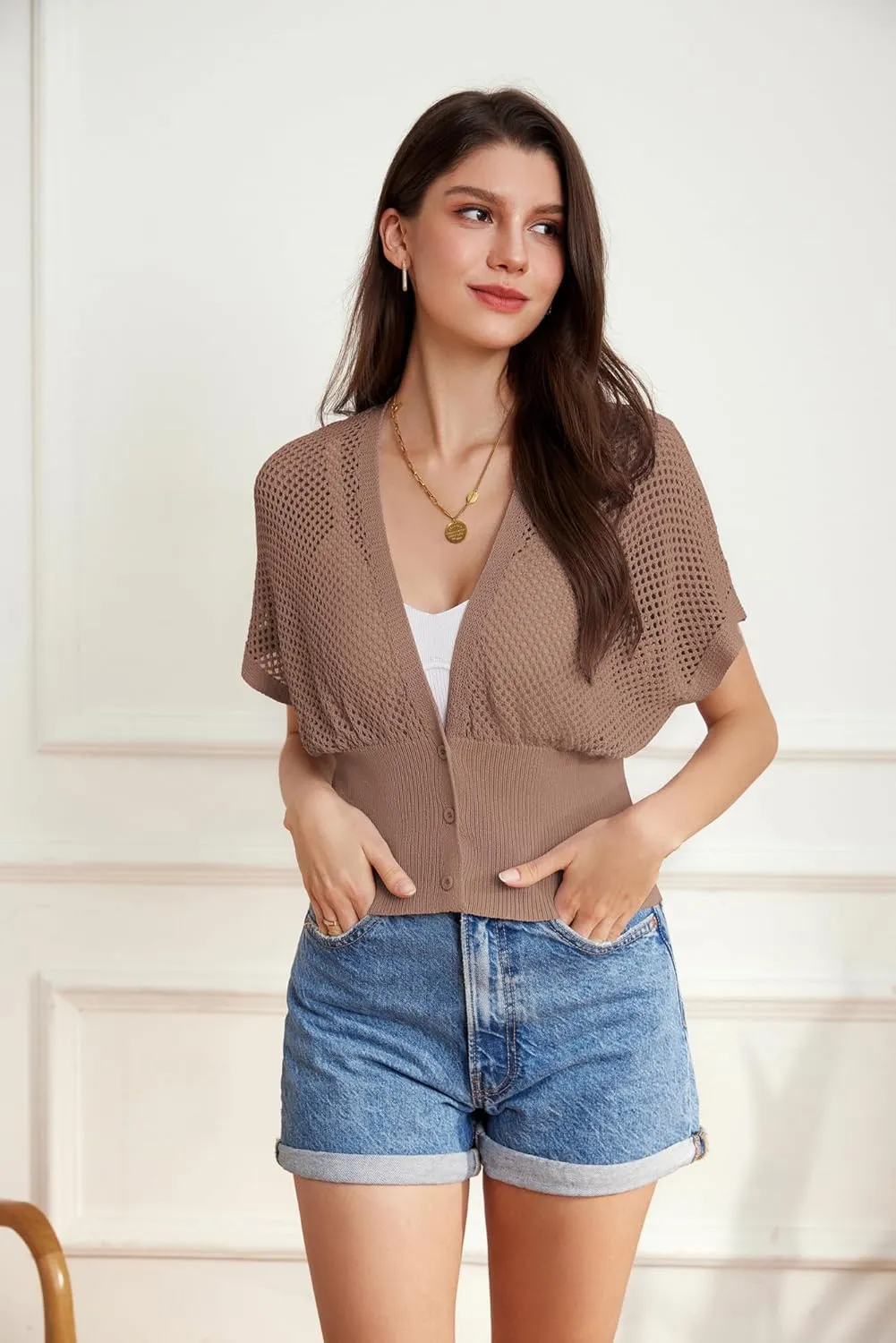 GRACE KARIN 2025 Women Short Sleeve Crochet Cardigan Summer Draped V-Neck Bolero Shrug Sweater Hollow Out Beach Cover Up