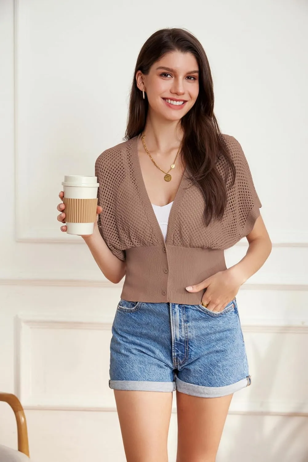 GRACE KARIN 2025 Women Short Sleeve Crochet Cardigan Summer Draped V-Neck Bolero Shrug Sweater Hollow Out Beach Cover Up