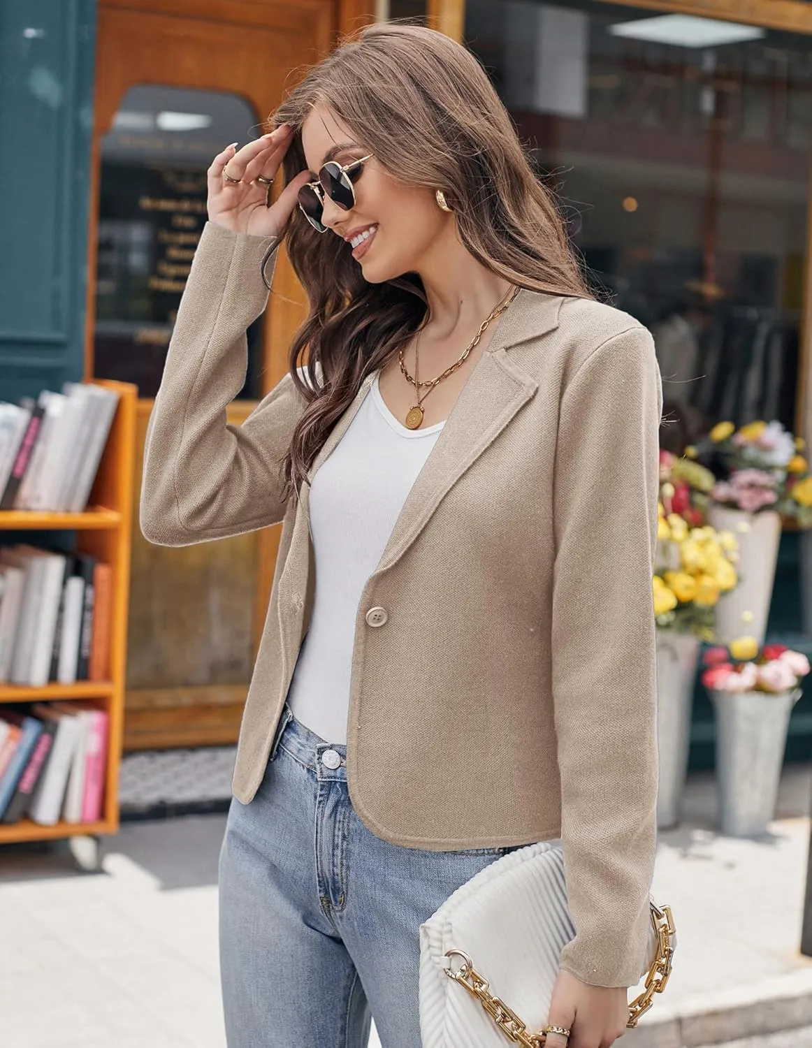 GRACE KARIN Women Sweater Blazer Casual Work Croppped Cardigan Lightweight Button Front Short Knit Blazer Jacket S-XXL