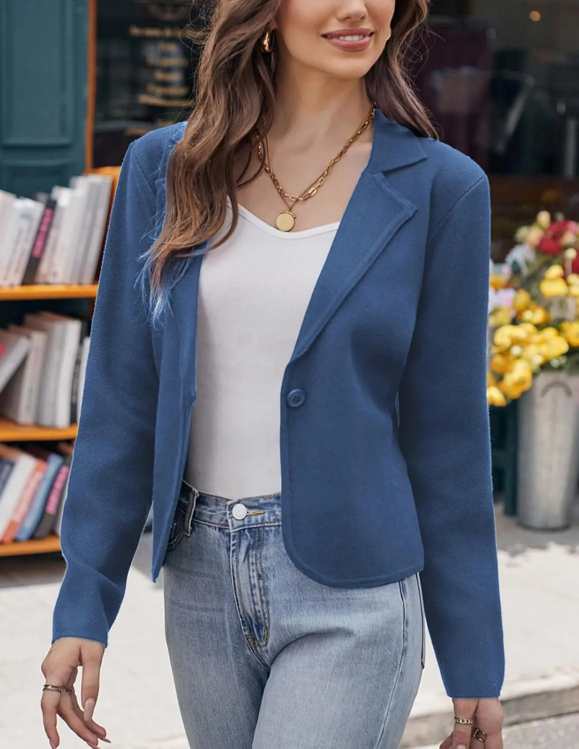 GRACE KARIN Women Sweater Blazer Casual Work Croppped Cardigan Lightweight Button Front Short Knit Blazer Jacket S-XXL