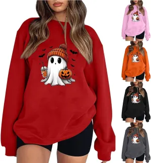 Halloween Sweatshirts for Women Long Sleeve Crewneck Cute Spooky Pullover Tops Oversized Halloween Ghost Shirt