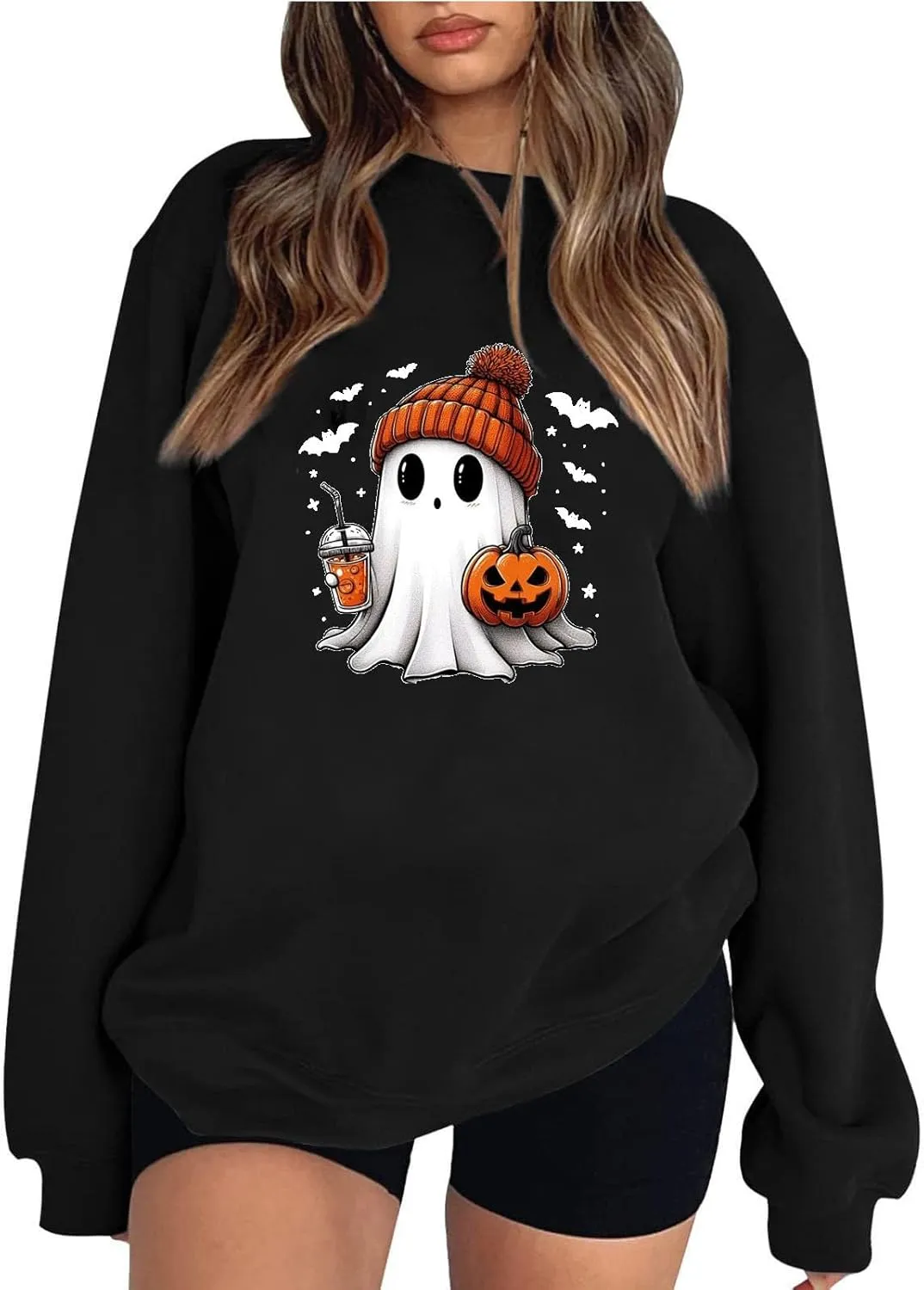 Halloween Sweatshirts for Women Long Sleeve Crewneck Cute Spooky Pullover Tops Oversized Halloween Ghost Shirt
