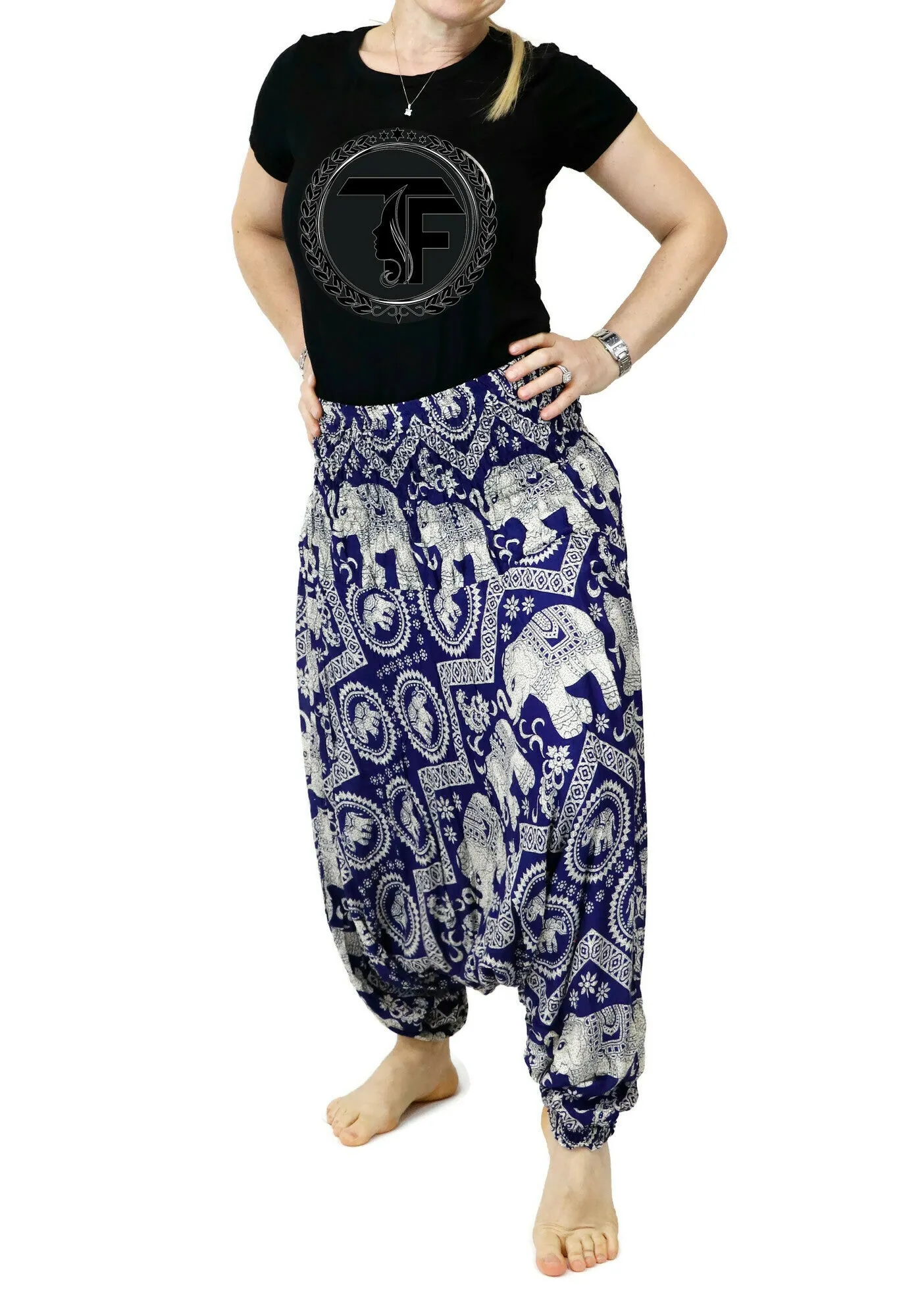 Harem Pants Unisex Elephant Navy Hippie Yoga Comfy Loungewear Gypsy Boho Jumpsuits Loose Baggy Festival