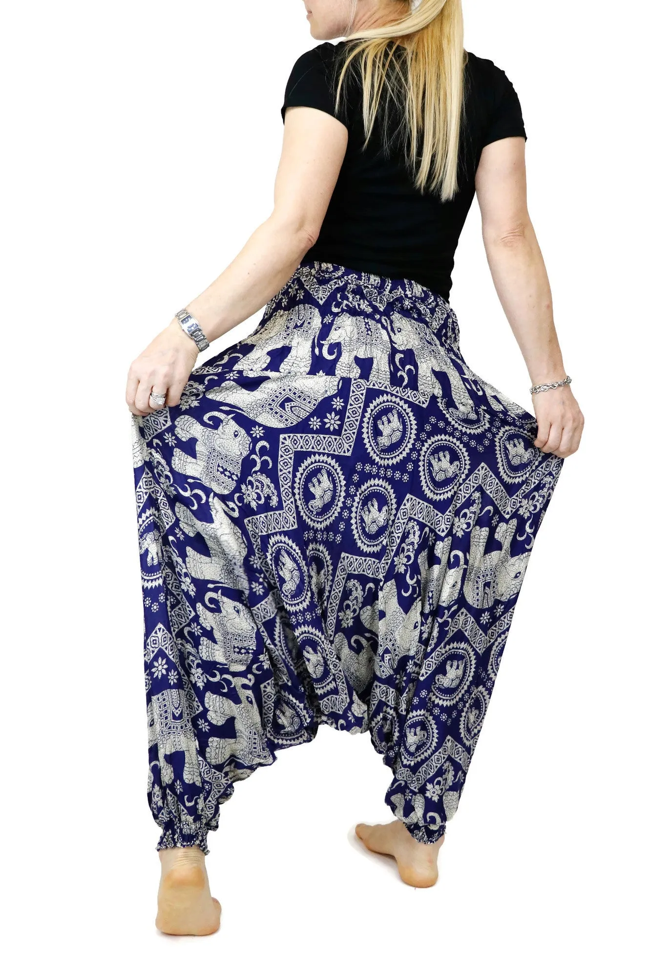 Harem Pants Unisex Elephant Navy Hippie Yoga Comfy Loungewear Gypsy Boho Jumpsuits Loose Baggy Festival
