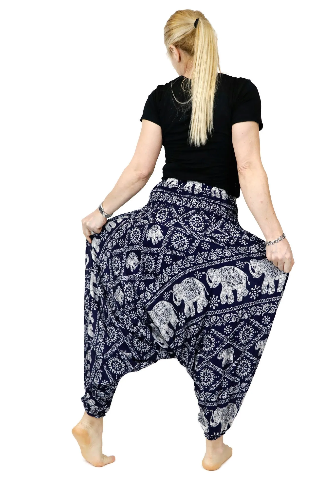 Harem Pants Unisex Elephant Navy Hippie Yoga Comfy Loungewear Gypsy Boho Jumpsuits Loose Baggy Festival
