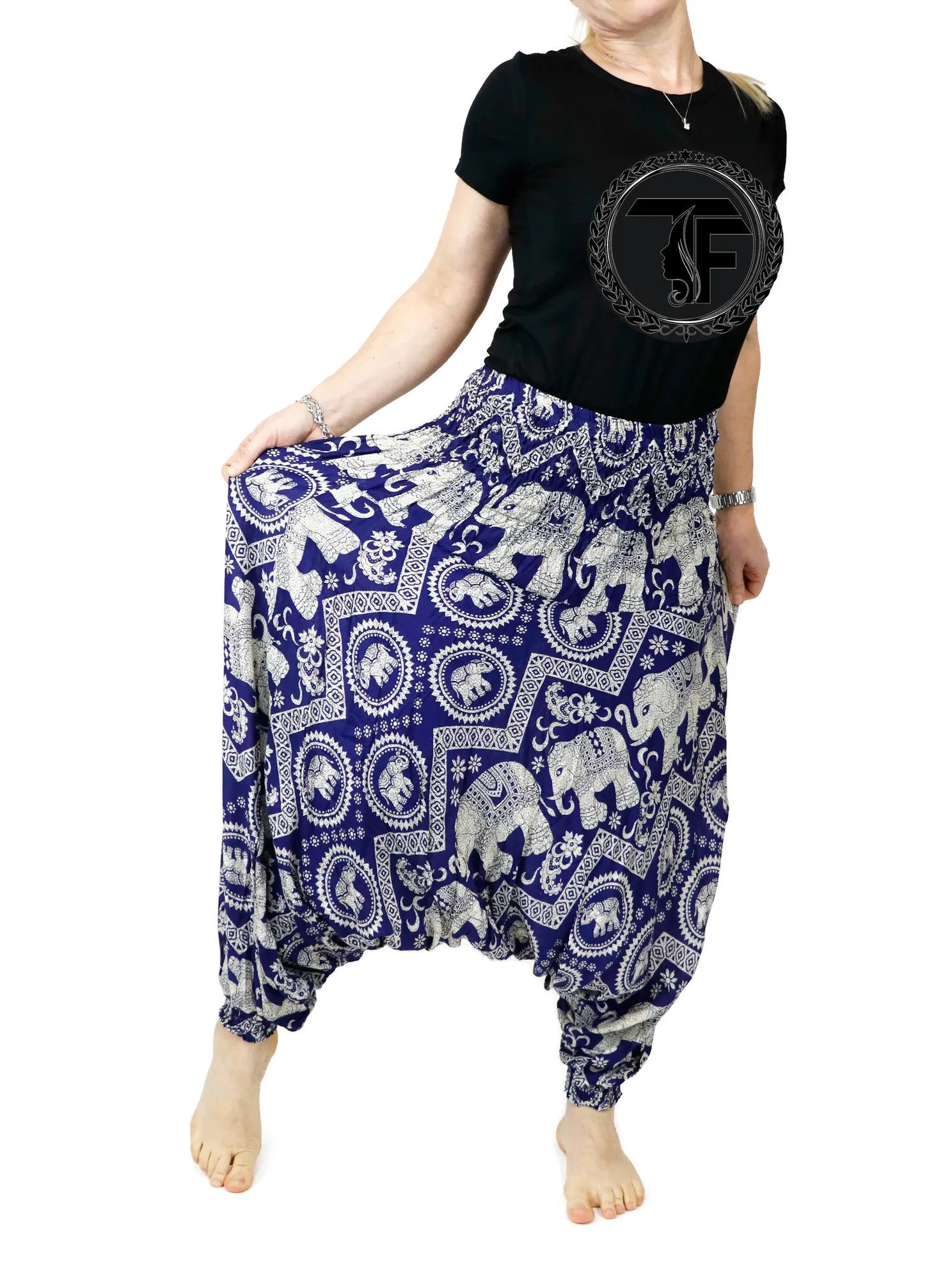 Harem Pants Unisex Elephant Navy Hippie Yoga Comfy Loungewear Gypsy Boho Jumpsuits Loose Baggy Festival