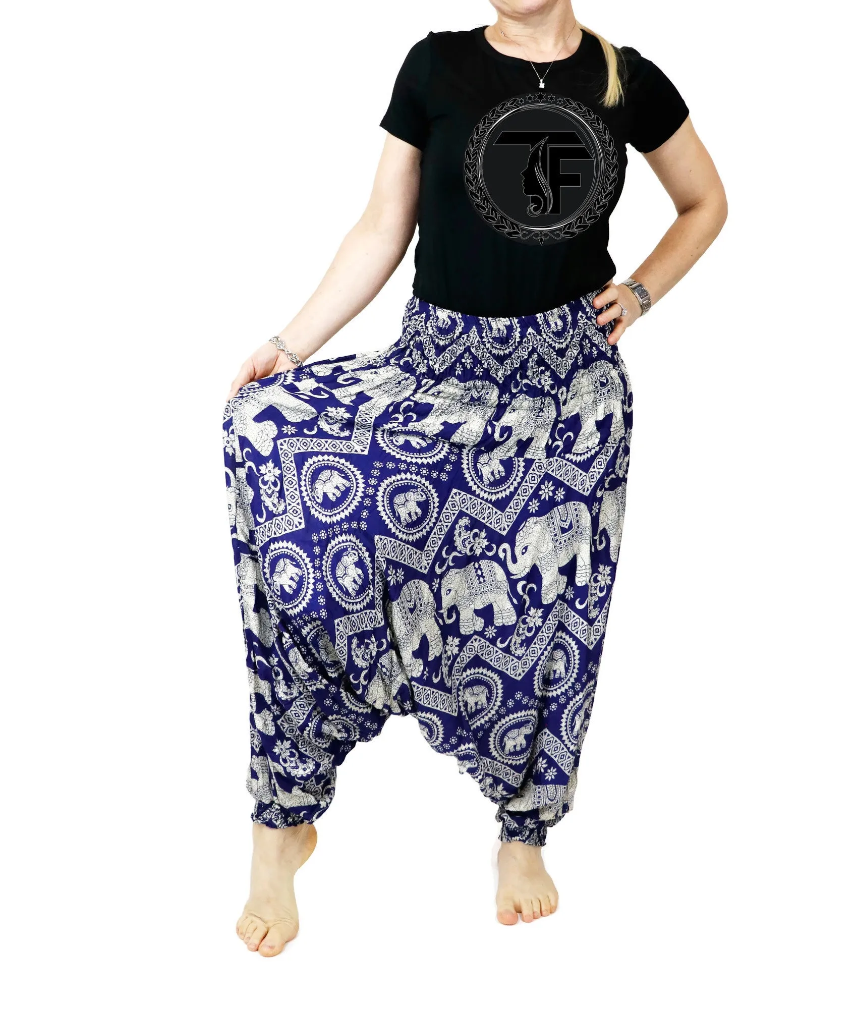 Harem Pants Unisex Elephant Navy Hippie Yoga Comfy Loungewear Gypsy Boho Jumpsuits Loose Baggy Festival