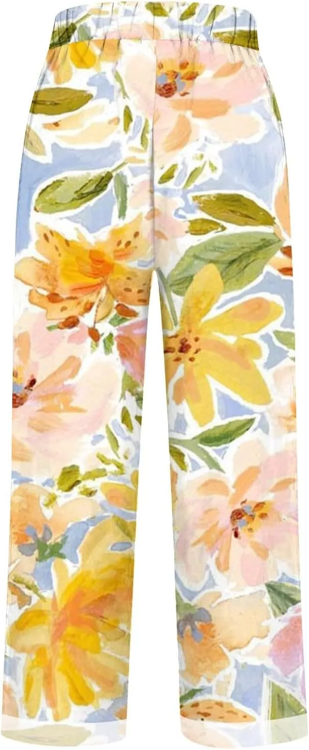 Hawaii Capri Pants for Women Casual Tropical Floral Print Pants Elastic High Waist Drawstring Summer Beach Trousers