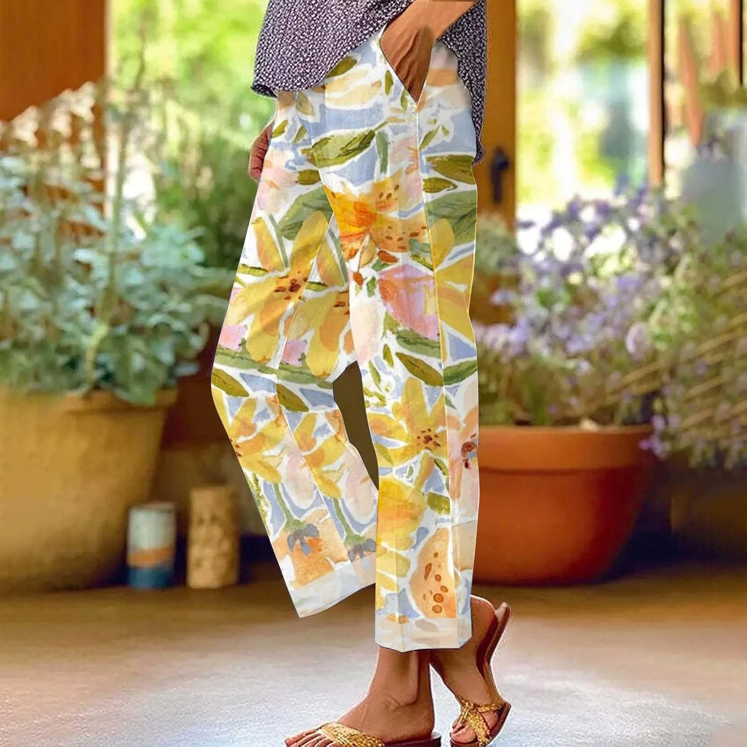 Hawaii Capri Pants for Women Casual Tropical Floral Print Pants Elastic High Waist Drawstring Summer Beach Trousers