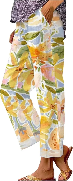 Hawaii Capri Pants for Women Casual Tropical Floral Print Pants Elastic High Waist Drawstring Summer Beach Trousers