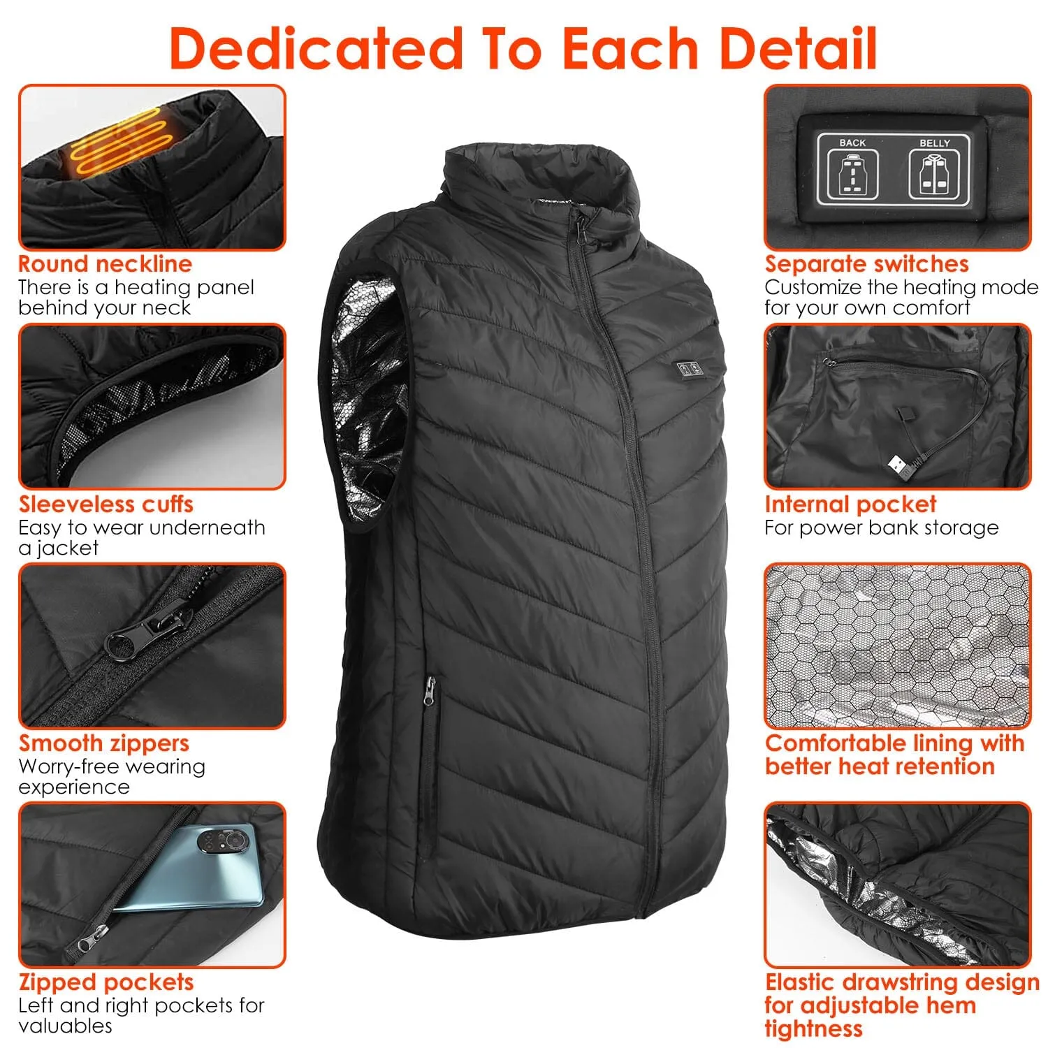 Heated Vest Electric USB Jacket with 3 Temperature Levels