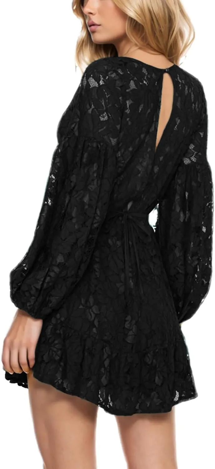 HGps8w Women's Floral Lace Homecomming Dress Deep V-Neck Lantern Sleeve Empire Waist Tie Ruffle Mini Swing Skater Dresses