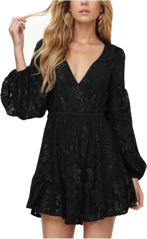 HGps8w Women's Floral Lace Homecomming Dress Deep V-Neck Lantern Sleeve Empire Waist Tie Ruffle Mini Swing Skater Dresses