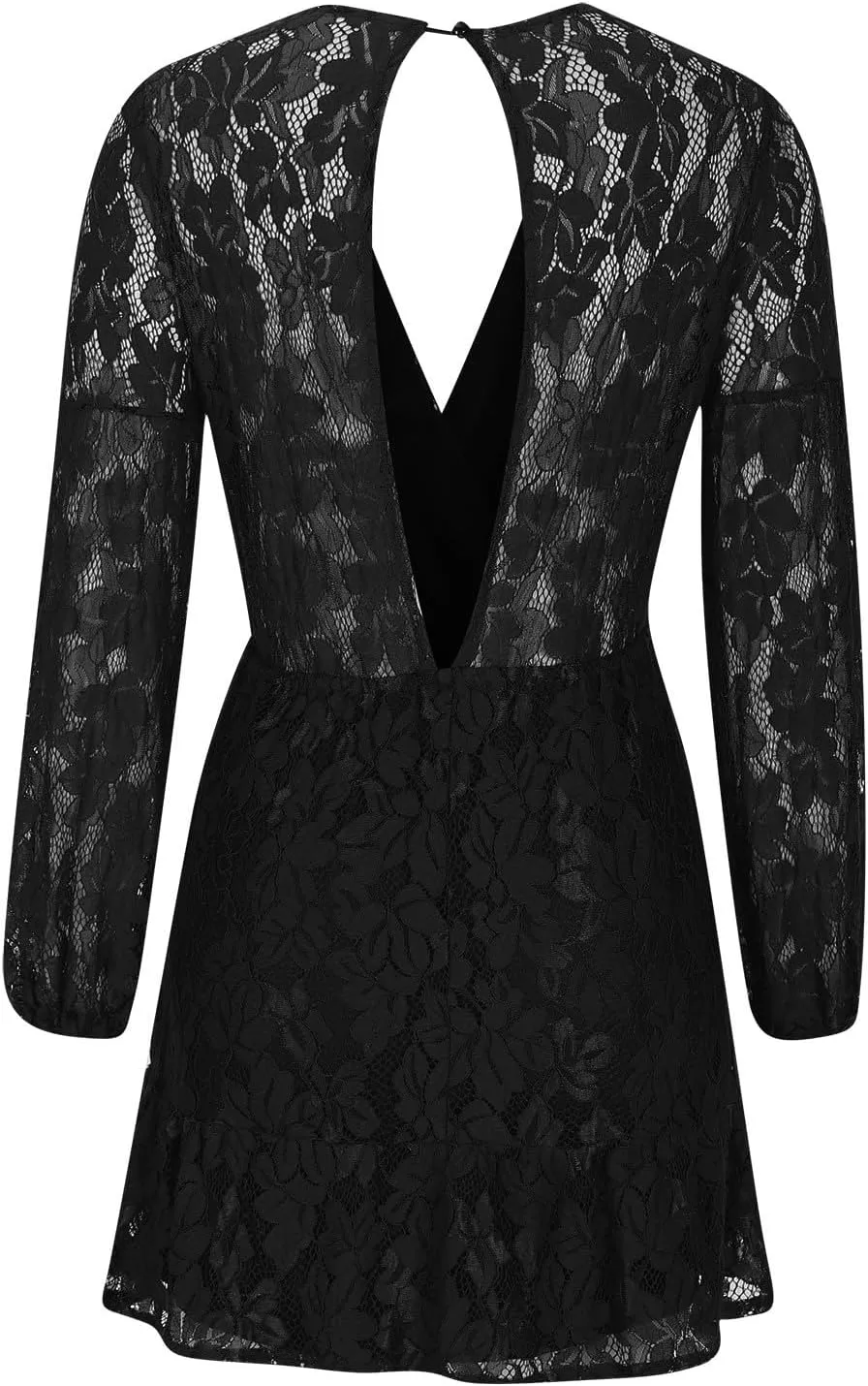 HGps8w Women's Floral Lace Homecomming Dress Deep V-Neck Lantern Sleeve Empire Waist Tie Ruffle Mini Swing Skater Dresses