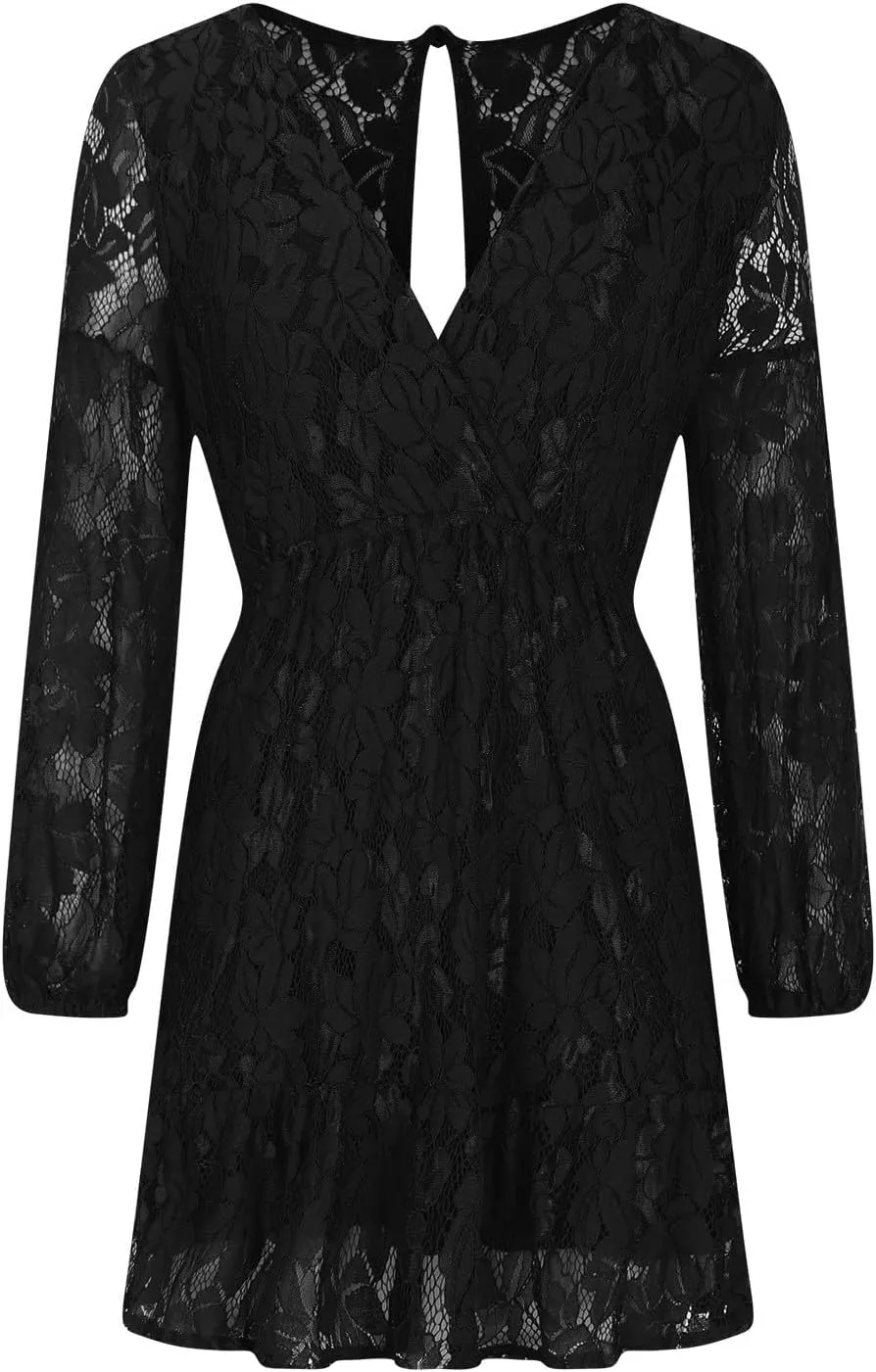 HGps8w Women's Floral Lace Homecomming Dress Deep V-Neck Lantern Sleeve Empire Waist Tie Ruffle Mini Swing Skater Dresses