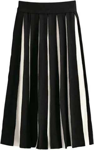 HGps8w Women's Vintage Color Block Knitted Skirts, Elegant Elastic High Waist A-Line Pleated Midi Skirts