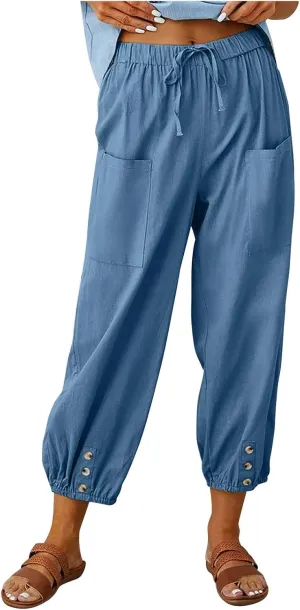 High Waist Cotton Linen Pants for Women Casual Summer Drawstring Lounge Pants Loose Cropped Trousers with Pockets