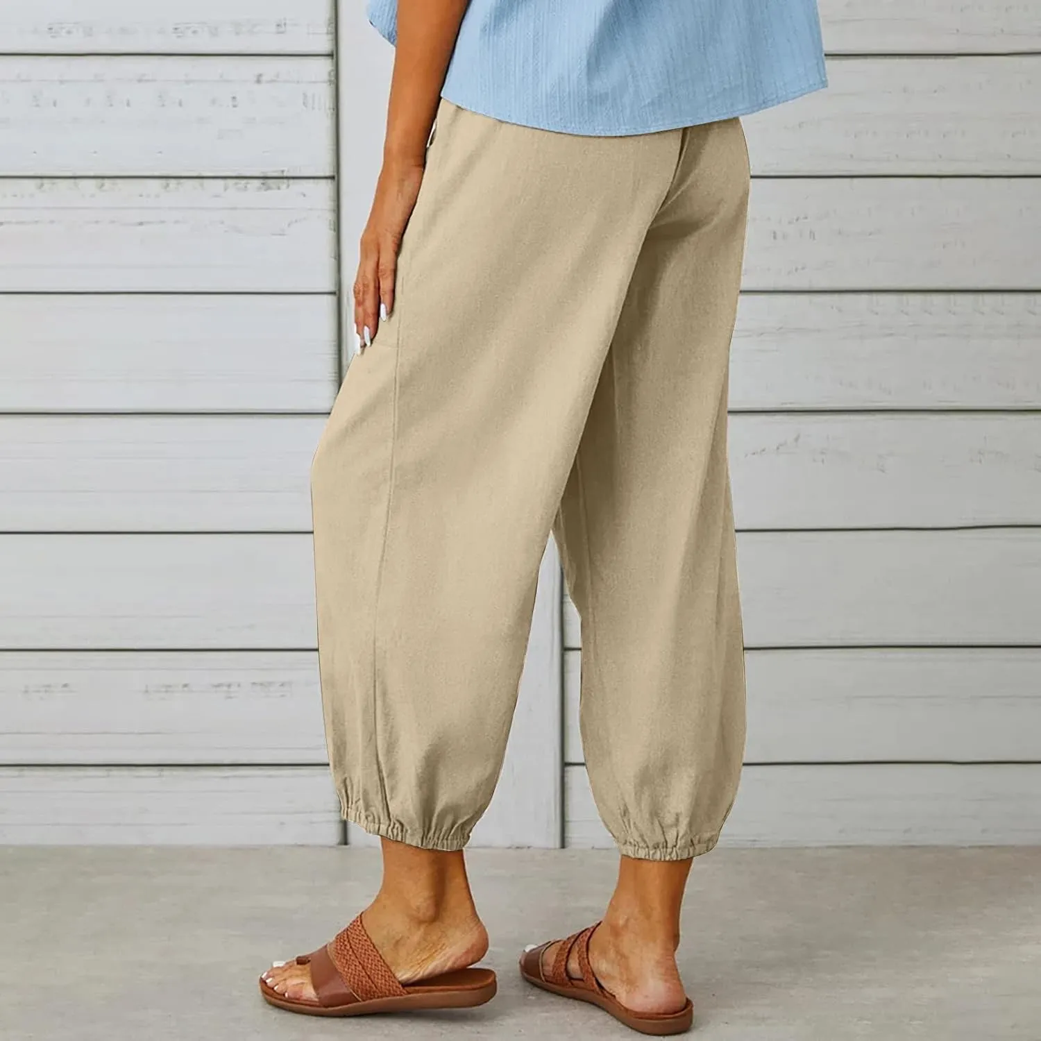 High Waist Cotton Linen Pants for Women Casual Summer Drawstring Lounge Pants Loose Cropped Trousers with Pockets