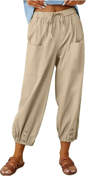 High Waist Cotton Linen Pants for Women Casual Summer Drawstring Lounge Pants Loose Cropped Trousers with Pockets