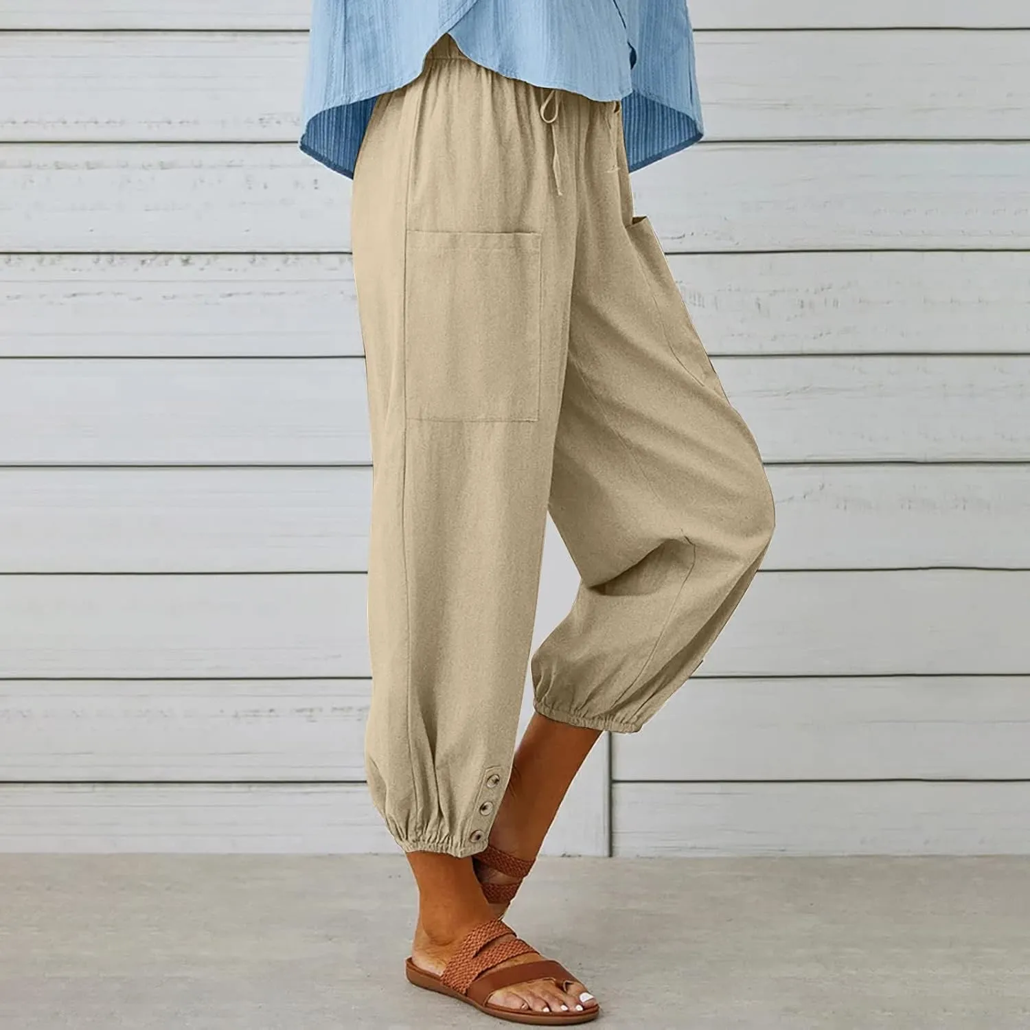 High Waist Cotton Linen Pants for Women Casual Summer Drawstring Lounge Pants Loose Cropped Trousers with Pockets