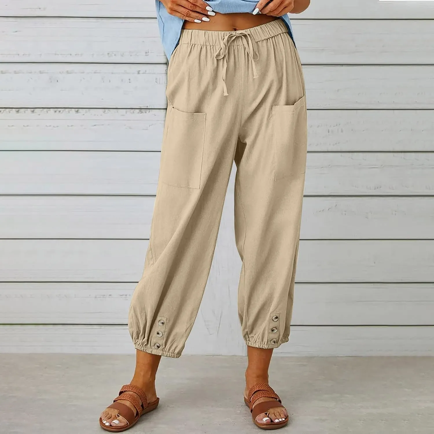 High Waist Cotton Linen Pants for Women Casual Summer Drawstring Lounge Pants Loose Cropped Trousers with Pockets