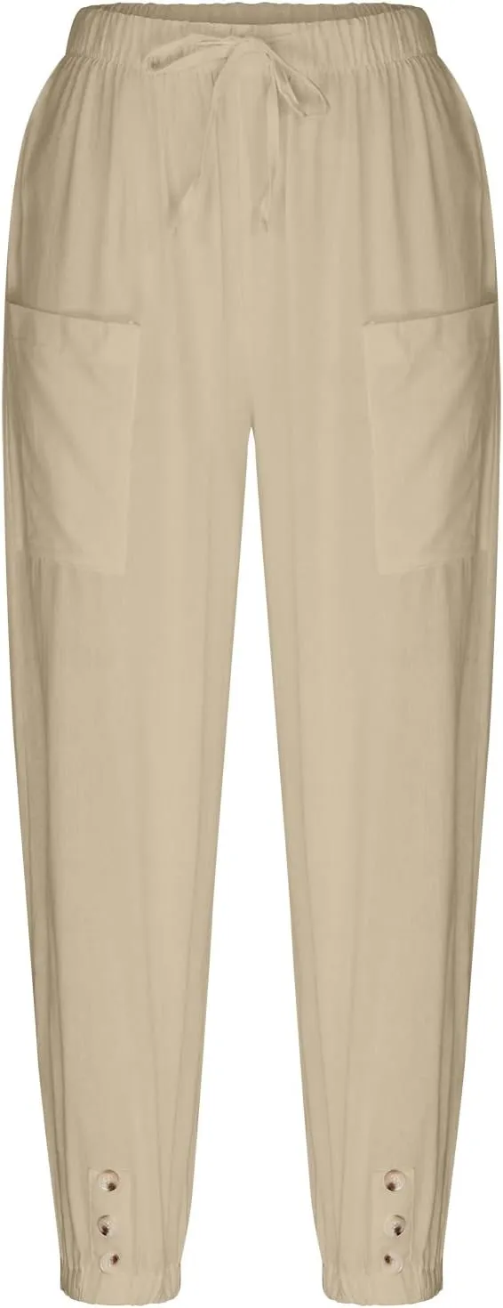 High Waist Cotton Linen Pants for Women Casual Summer Drawstring Lounge Pants Loose Cropped Trousers with Pockets