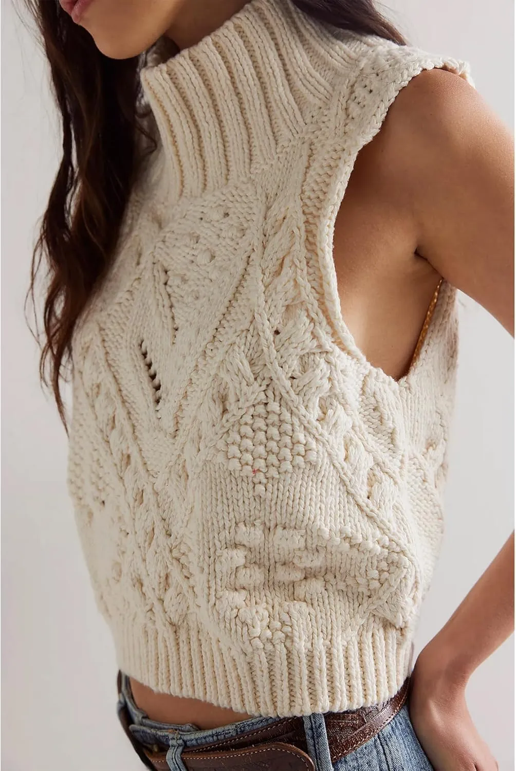 Hixiaohe Turtleneck Crochet Sweater Vest Fall Fashion Knit Sleeveless Tank Tops for Women Lightweight Casual Pullover Clothes